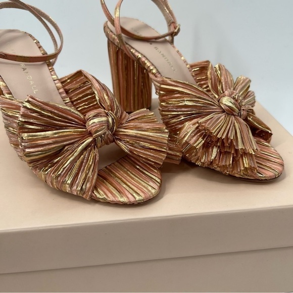 Loeffler Randall Camellia Sunset Bow Sandal Block Heel Peep Toe Stripe Sandal - Picture 2 of 14